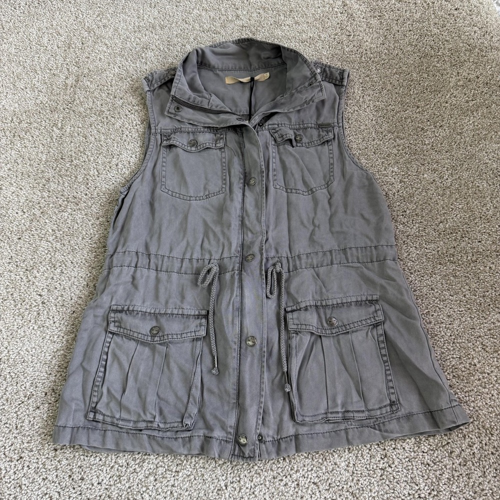 Max Jeans Vest Womens Medium Gray Military Utility Drawstring Pockets Zip Front